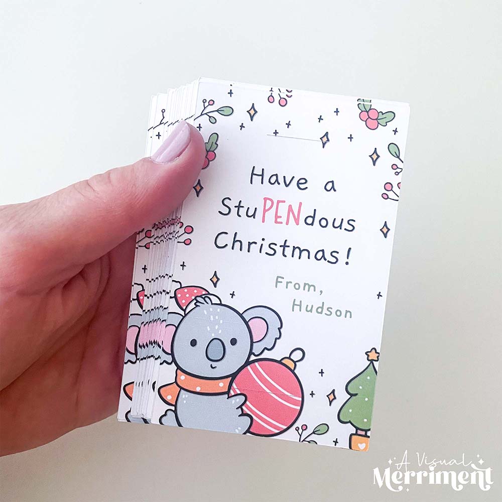 hand holding koala 'have a stupendous christmas' printable tags