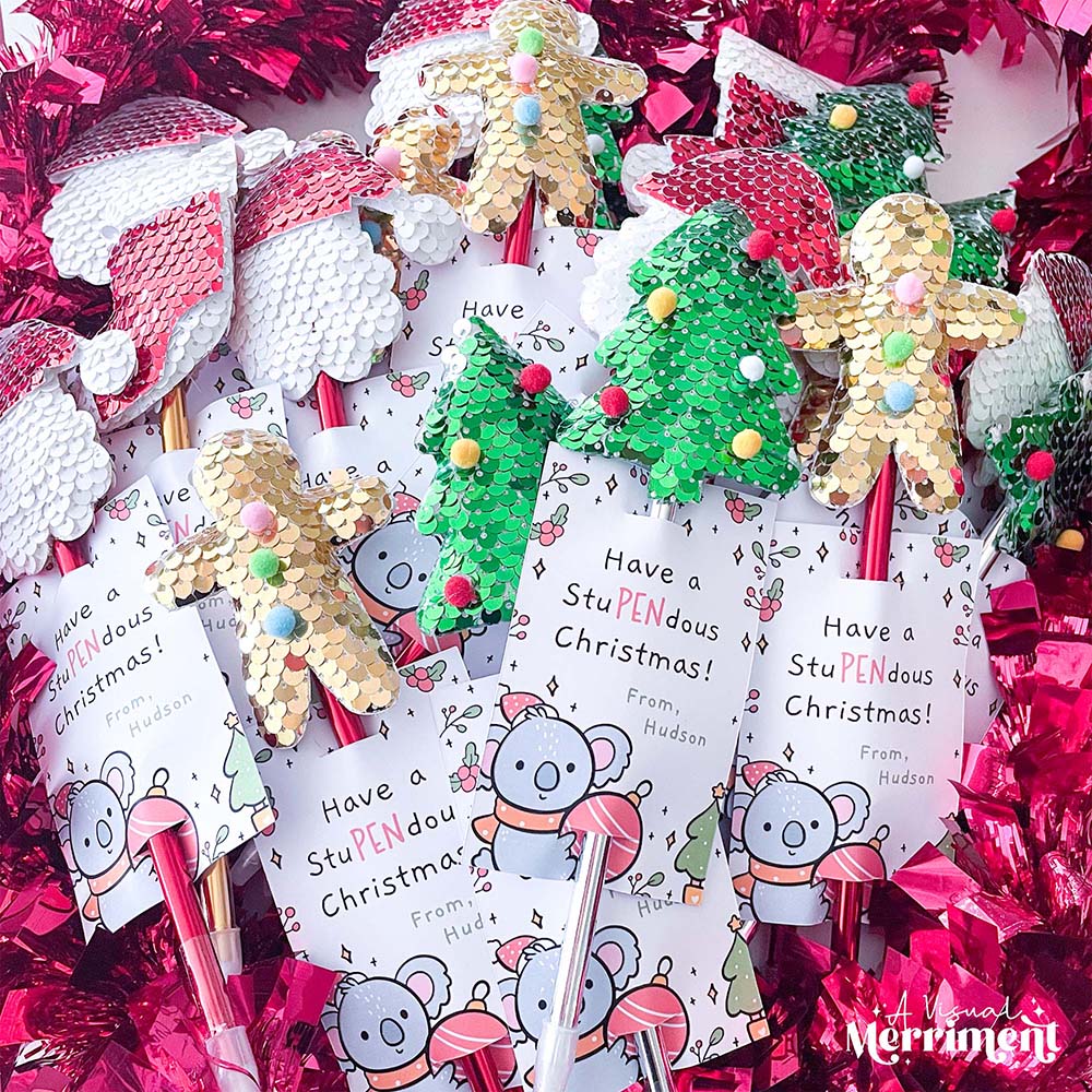 lots of pens with have a stupendous christmas gift tags