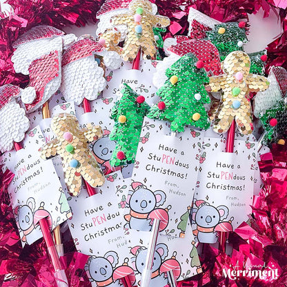 lots of pens with have a stupendous christmas gift tags