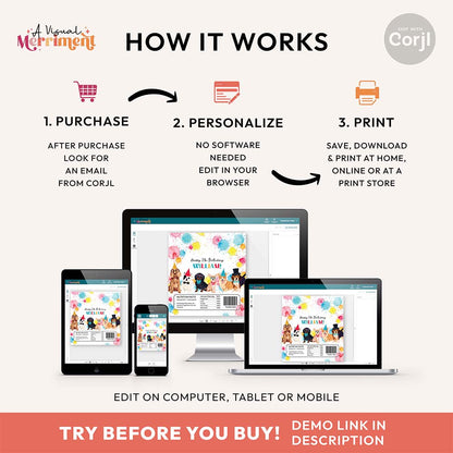 Step-by-step guide on how to purchase and edit banner template with Corjl, shown on various devices.