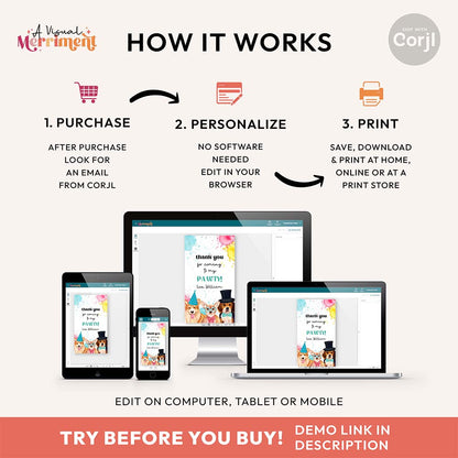 Step-by-step guide on how to purchase and edit custom gift tags with Corjl, shown on various devices.