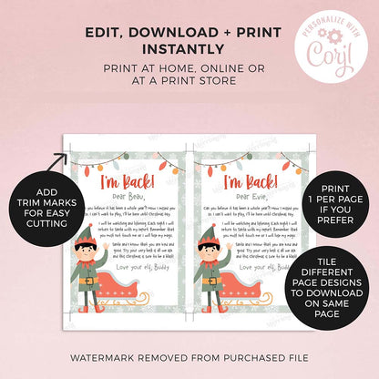 2 printed I'm Back christmas elf letters with instructions
