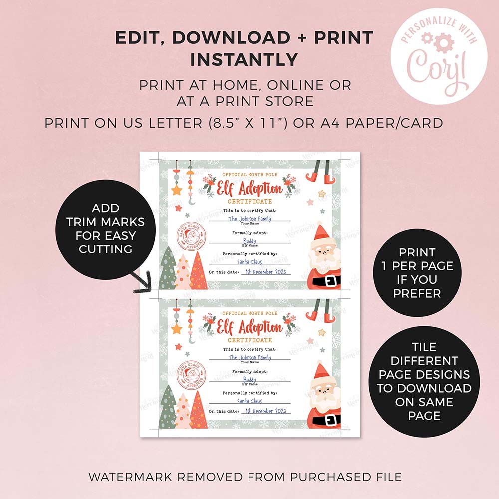 2 printed elf on the shelf adoption certificates with editing instructions