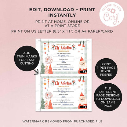 2 printed elf on the shelf adoption certificates with editing instructions