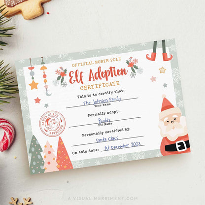 christmas elf adoption certificate page with background christmas elements