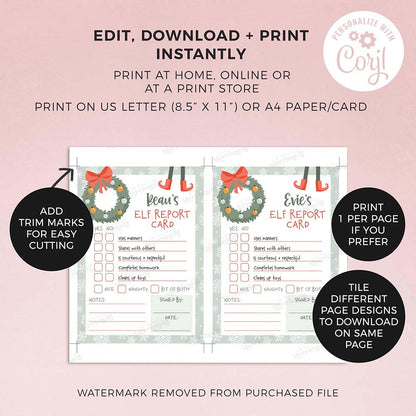2 printed christmas elf report cards with editing instructions