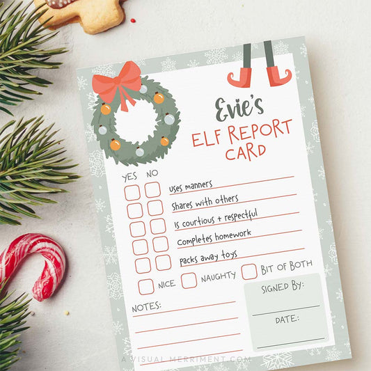Printable elf on the shelf report card with Christmas decorations