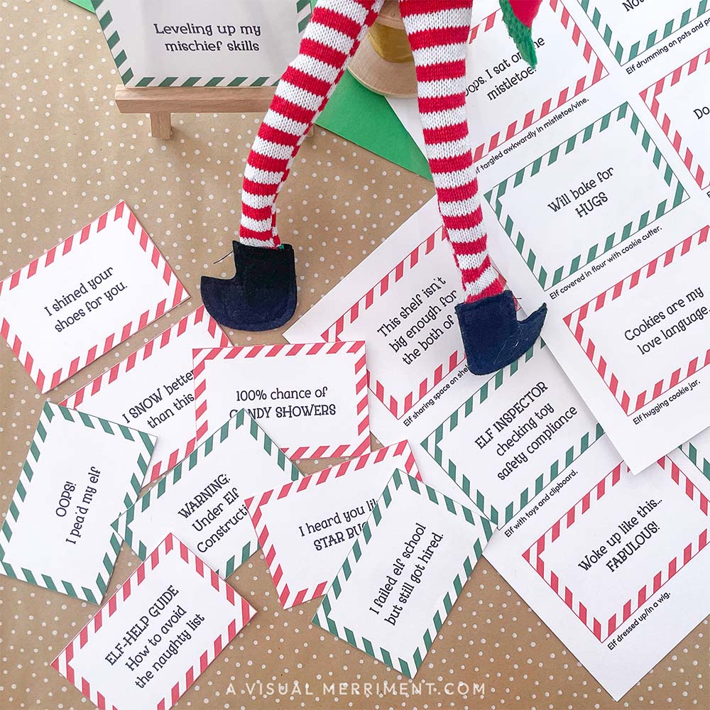 printed funny elf on the shelf props signs on easel next to elf doll