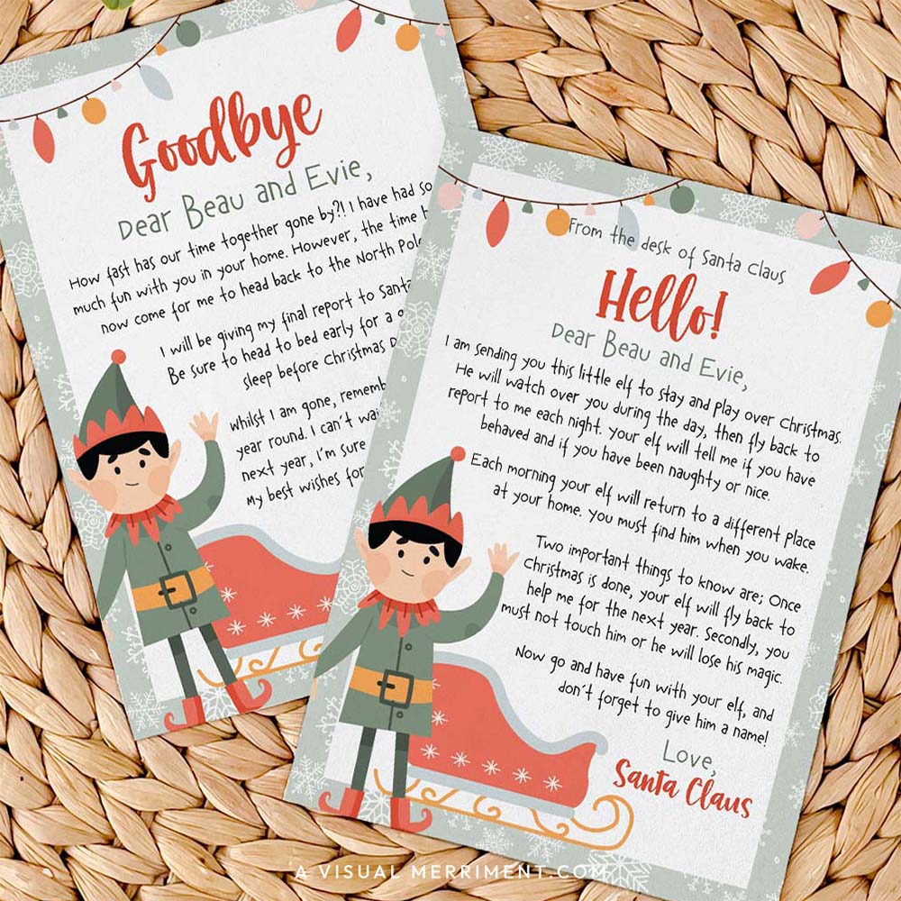 Elf on the shelf first arrival & goodbye printable letter templates on grass