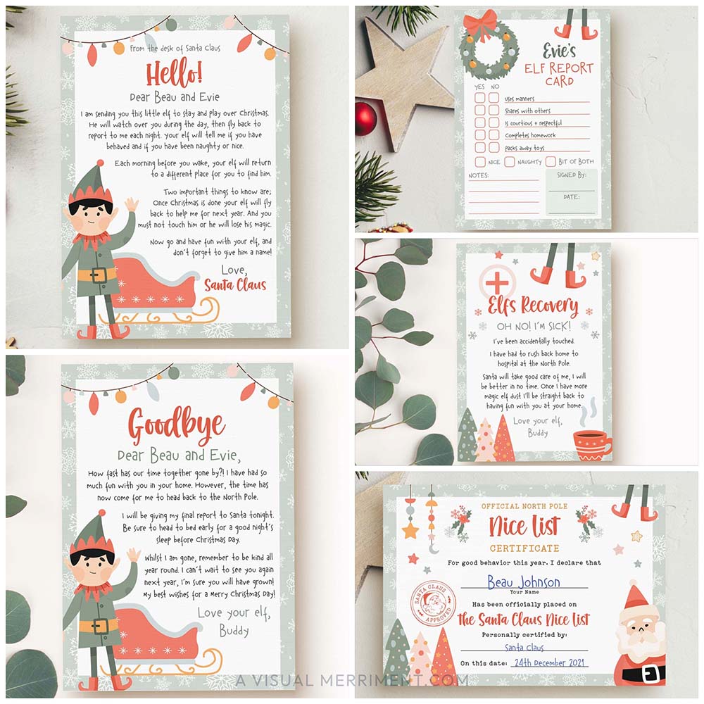 collage of 5 cards and letters in festive elf and santa design