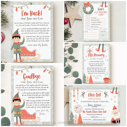 Collage of Christmas themed printables including letters, reports & certificates with elf graphics