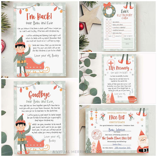 Collage of Christmas themed printables including letters, reports & certificates with elf graphics