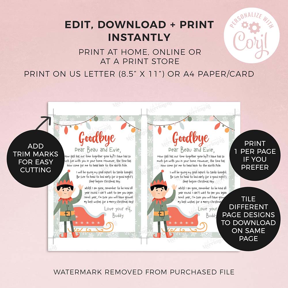 2 printed Goodbye christmas elf letters with instructions