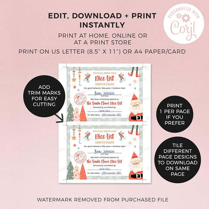 2 printed santa claus nice lists with editing and printing instructions