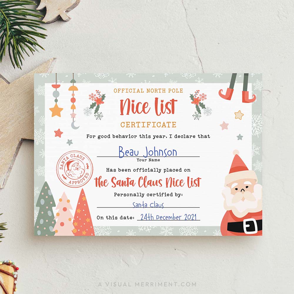 nice list certificate signed by santa claus