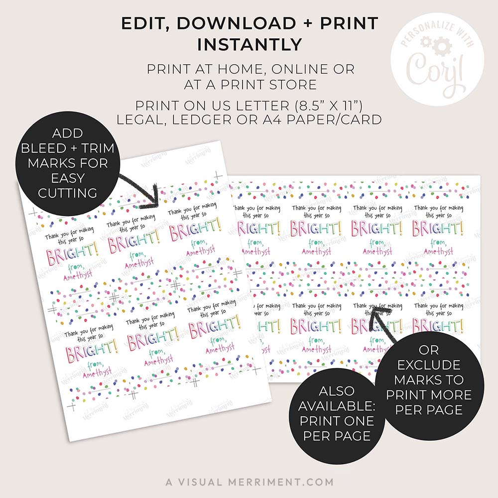 2 pages with instructions for end of year editable glow stick holders in bright confetti design