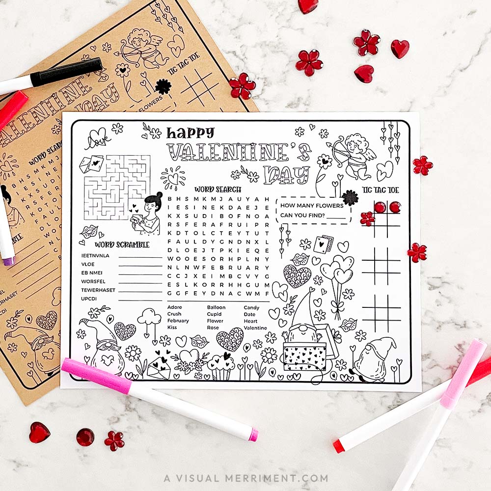 Valentine's Day activity sheet with coloring, maze, and word search on a marble surface with decorative elements.