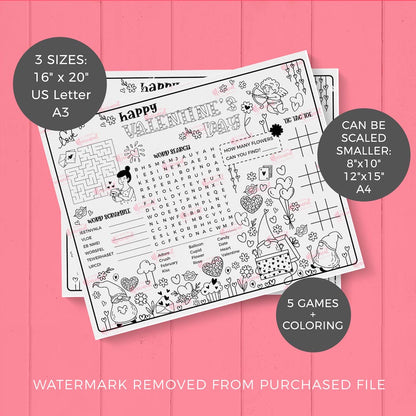 features of valentines day printable activity mat with 2 sheets