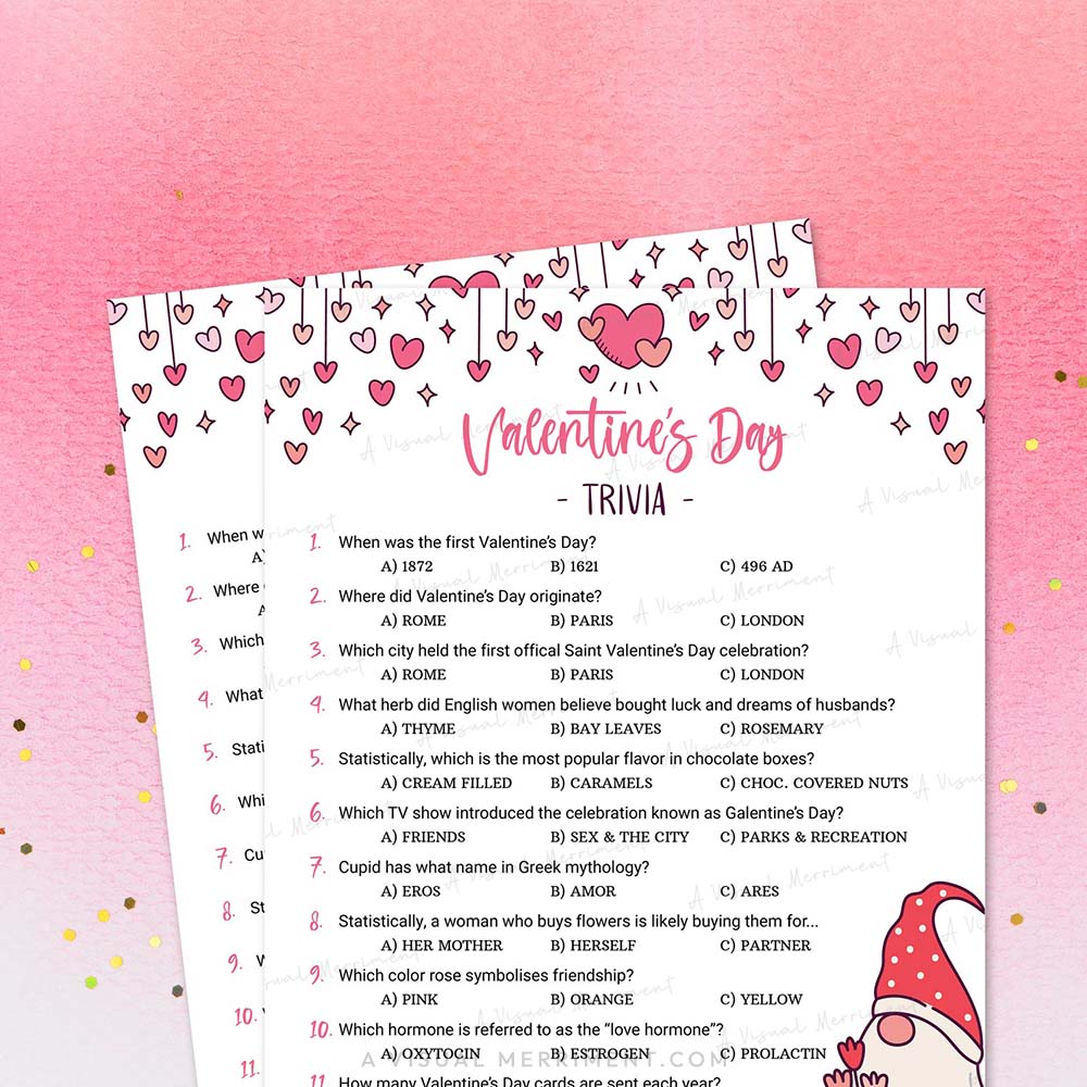 Printable game of Valentine's Day trivia with heart designs on a pink background