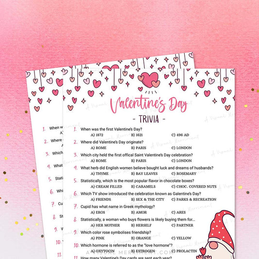Printable game of Valentine's Day trivia with heart designs on a pink background