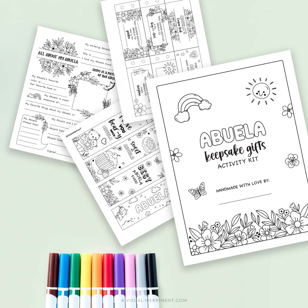 Several Abuela coloring keepsake gifts pages with markers