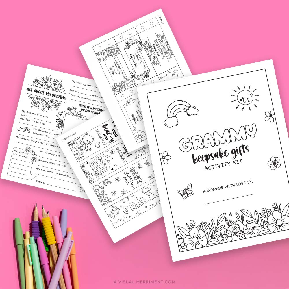 Several Grammy coloring keepsake gifts pages with pens