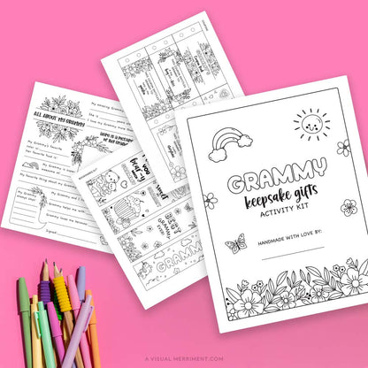 Several Grammy coloring keepsake gifts pages with pens