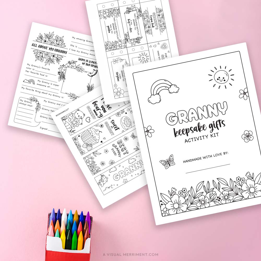 Several Granny coloring keepsake gifts pages with box of crayons