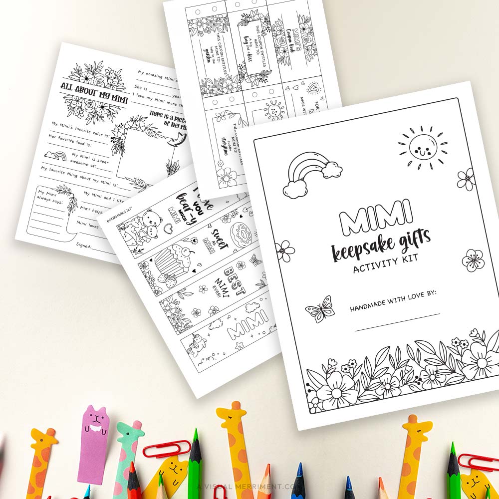 Several Mimi coloring keepsake gifts pages with coloring markers and stationery