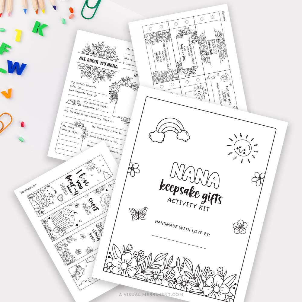 Several Nana coloring keepsake gifts pages with pencils and stationery
