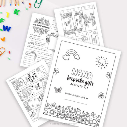 Several Nana coloring keepsake gifts pages with pencils and stationery