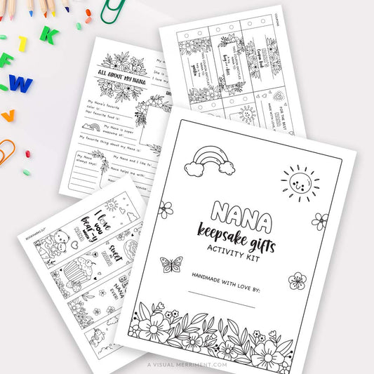 Several Nana coloring keepsake gifts pages with pencils and stationery