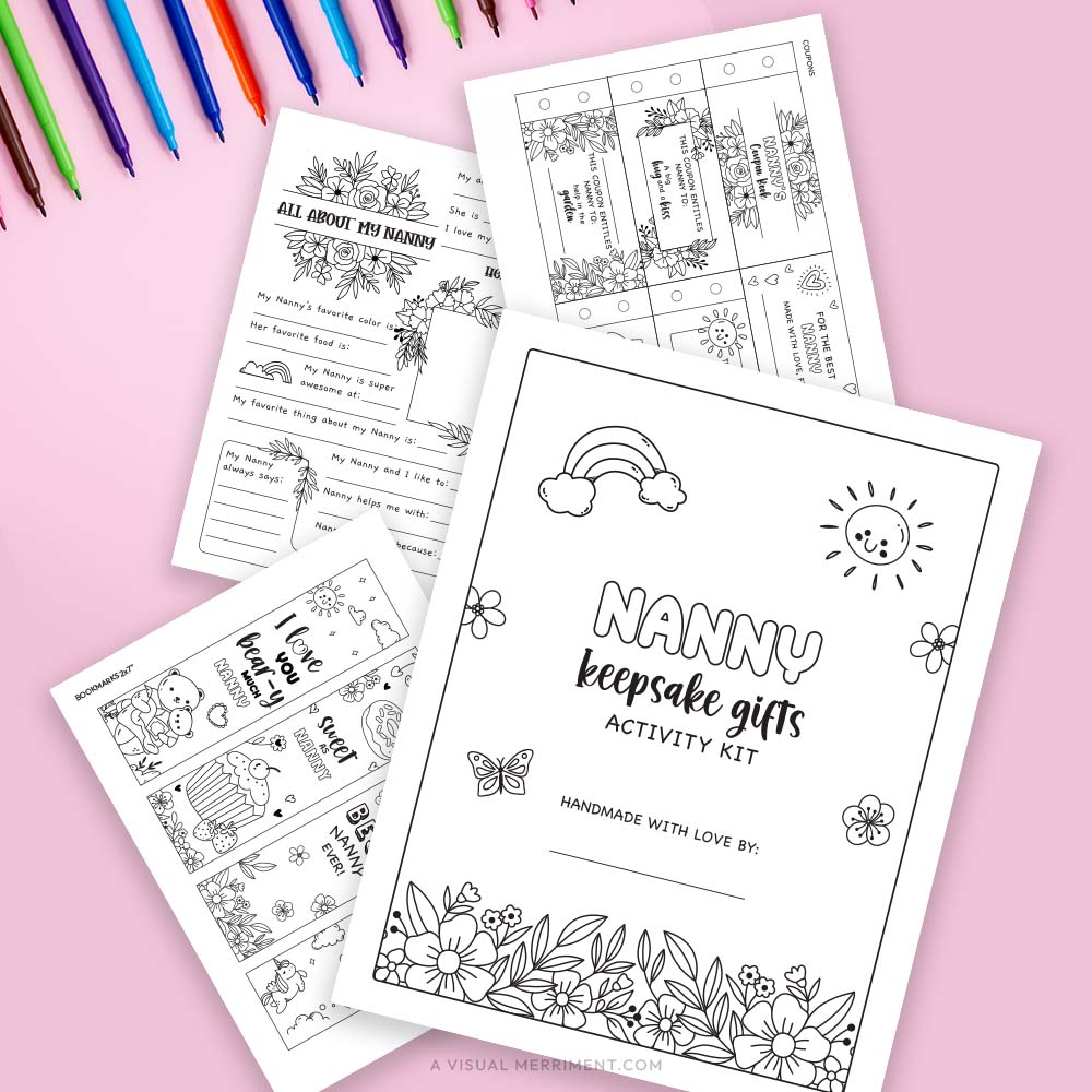 Several Nanny coloring keepsake gifts pages with markers