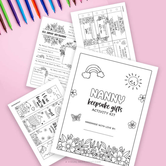 Several Nanny coloring keepsake gifts pages with markers