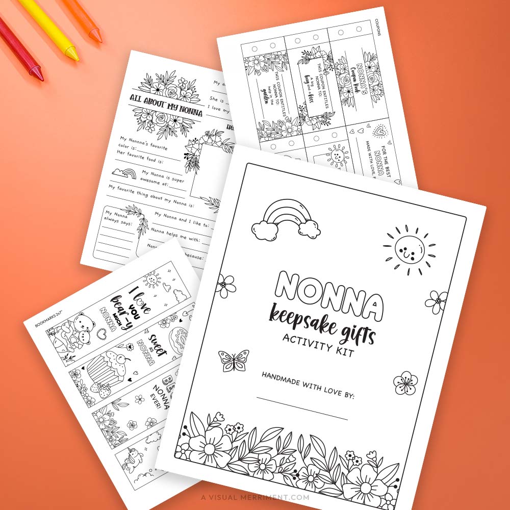 Several Nonna coloring keepsake gifts pages with crayons