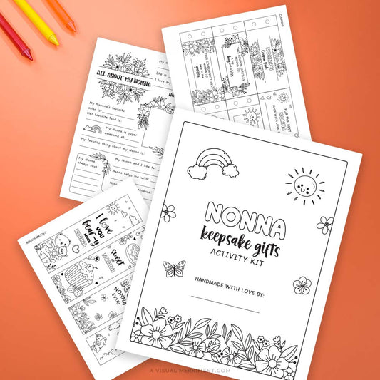 Several Nonna coloring keepsake gifts pages with crayons