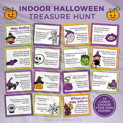 printable halloween scavenger hunt clues cards laid out on purple 