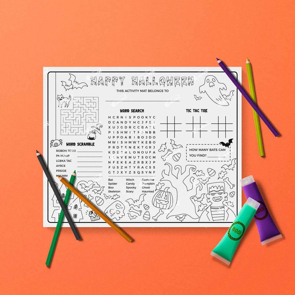 coloring printable halloween activity sheet with pencils and paint on orange background