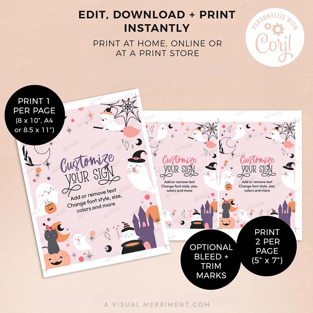 printable pink ghost halloween signs printed on pages with download instructions and features