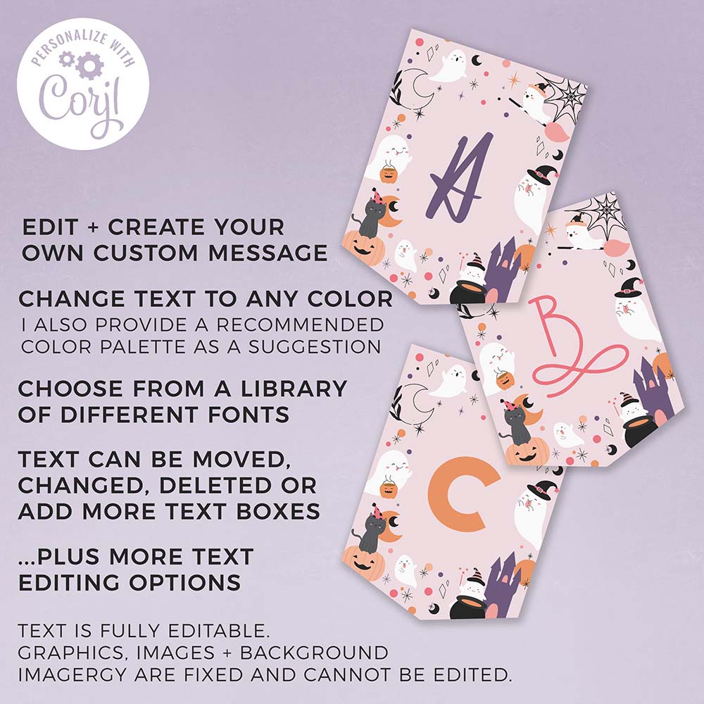 promotional graphic with pink halloween banner in celestial design, showing different font styles and colors with editing instructions