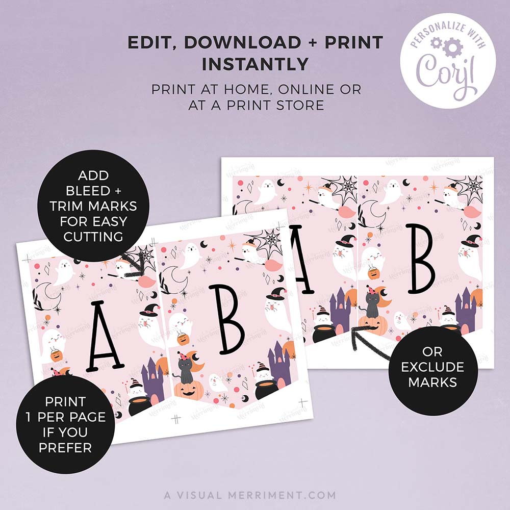 pages of pink halloween banner in celestial design, showing different font styles and colors with printing instructions