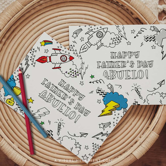 Half colored happy father’s day Abuelo printable coloring cards with pencils on table