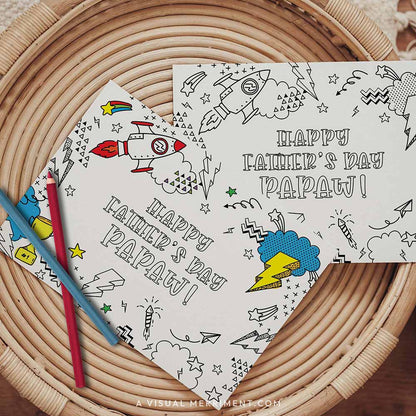 Half colored happy father’s day Papaw printable coloring cards with pencils on table