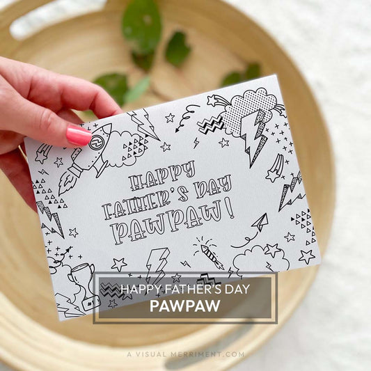Hand holding kids happy father’s day Pawpaw printable coloring card