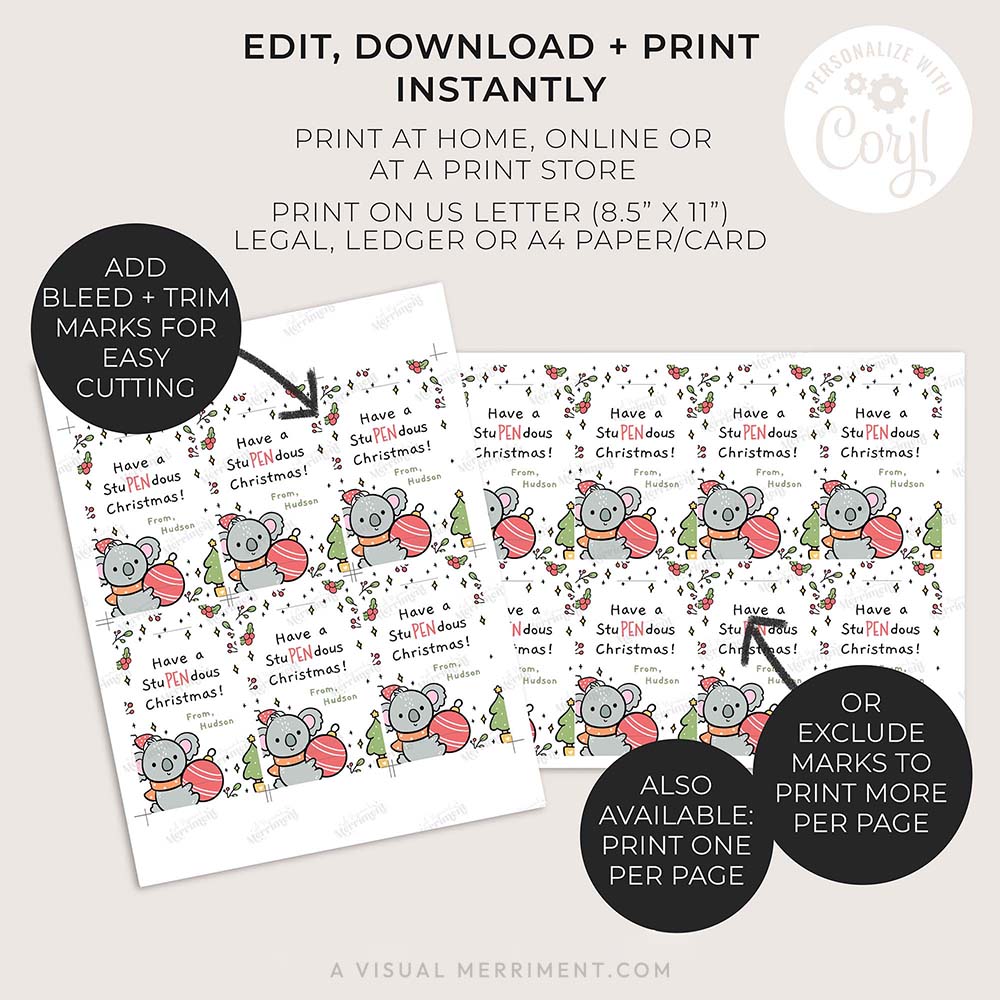 pages of printable christmas pen gift tags with koala design