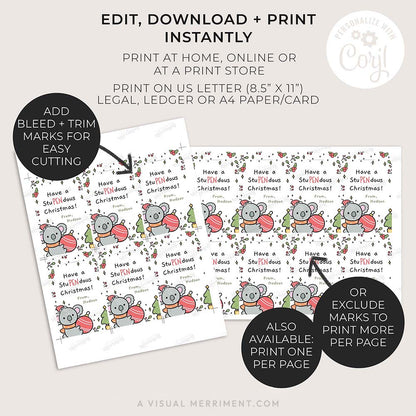 pages of printable christmas pen gift tags with koala design
