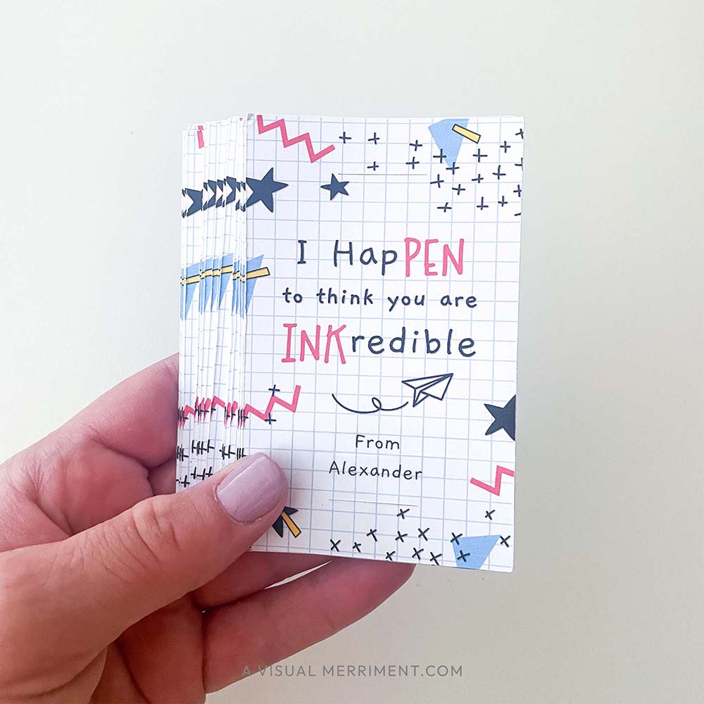 hand holding printed i happen to think you are inkcredible class gift tags