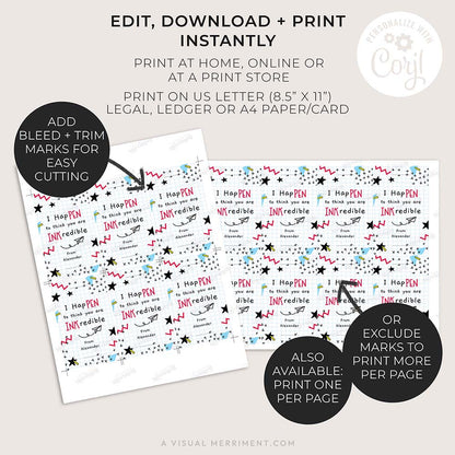 inkcredible student pen gift tags printed on page with instructions