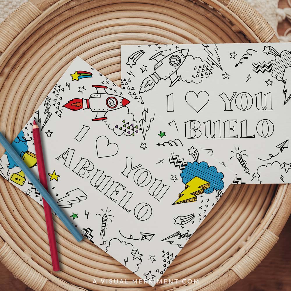 Half colored I love you abuelo grandparents day coloring card with pencils on table