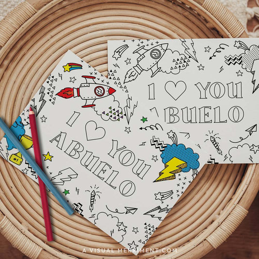 Half colored I love you abuelo grandparents day coloring card with pencils on table